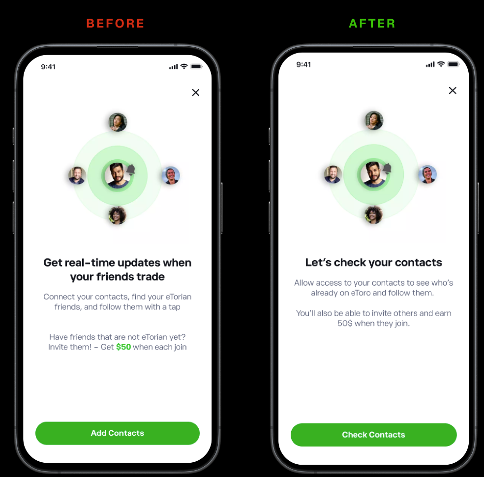Redesigned eToro contact access screen