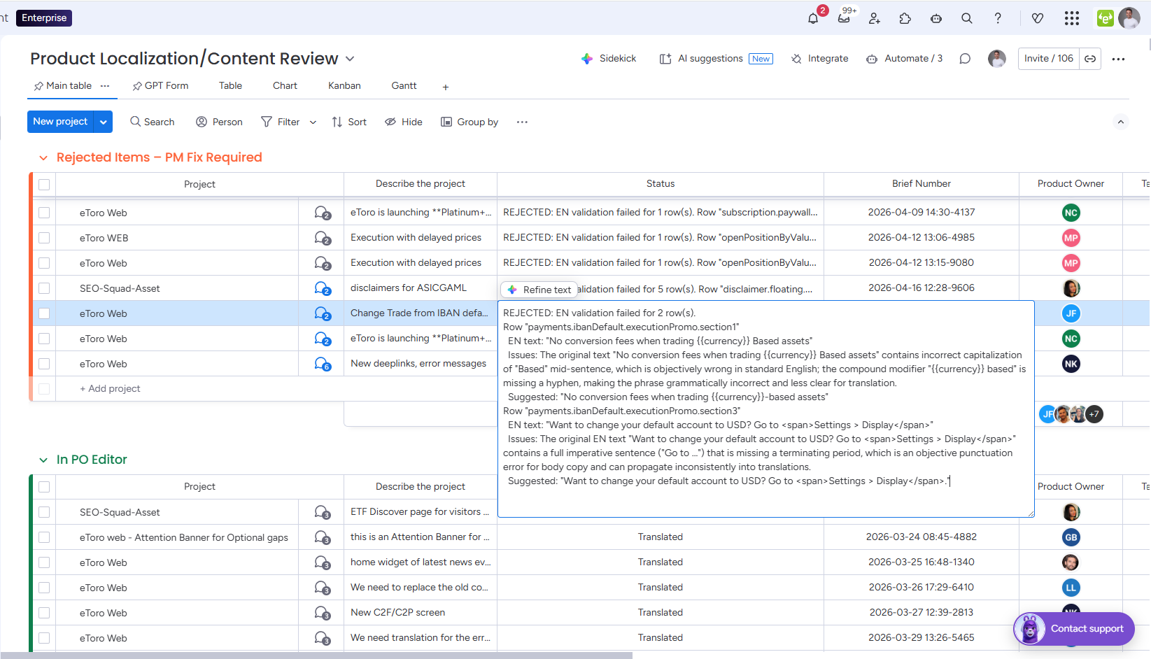 Monday board screenshot showing a PM submission rejected by the AI vetting tool with detailed feedback about an English-language issue.