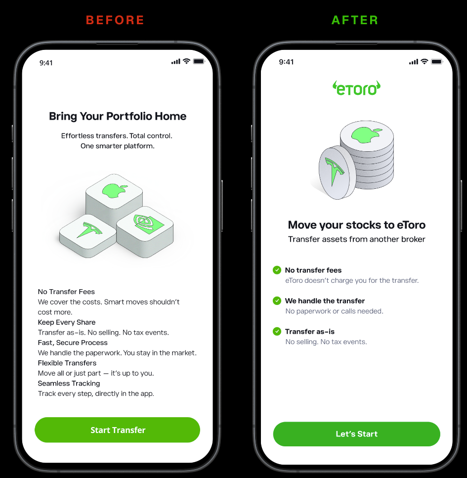 Before and after redesign of the eToro securities transfer screen