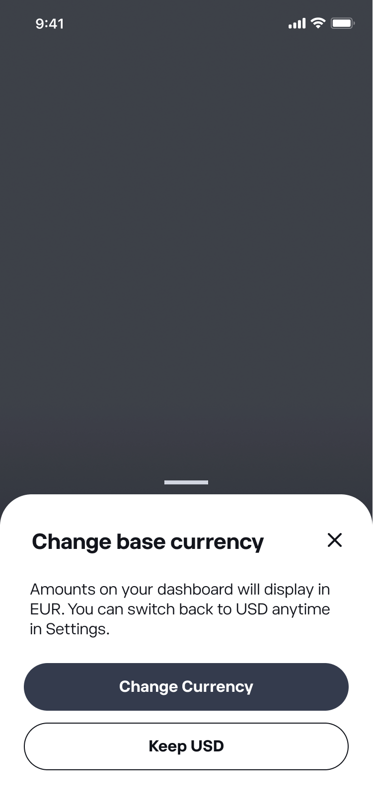 Confirmation Modal filled: Change base currency