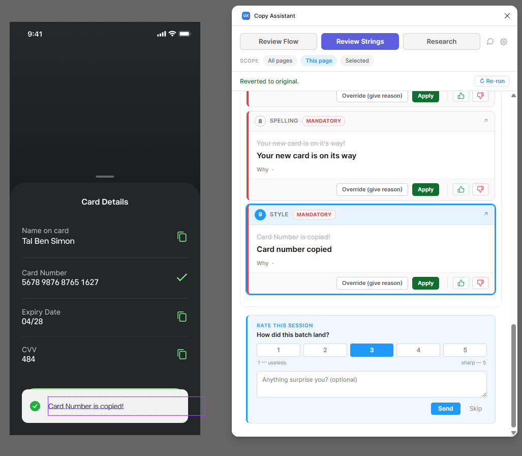 A Card Details screen in Figma alongside the plugin's Review Strings panel. Two findings are tagged MANDATORY — one Spelling, one Style — each showing the original string struck through above the suggested rewrite. The buttons read Override (give reason) and Apply. Below the findings is a Rate this session widget.