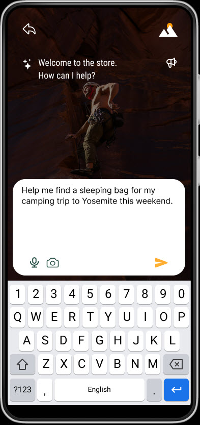 Mobile chat-style search screen with the greeting 'Welcome to the store. How can I help?' and a sample query about a sleeping bag for Yosemite.