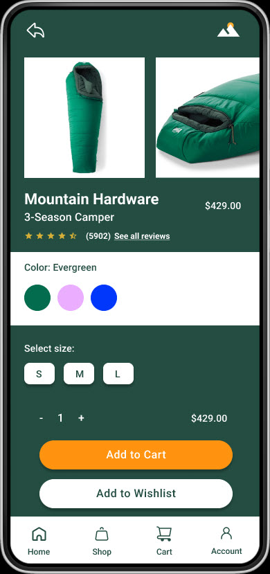 Mobile product detail page for Mountain Hardware 3-Season Camper with color and size pickers, Add to Cart, and Add to Wishlist.