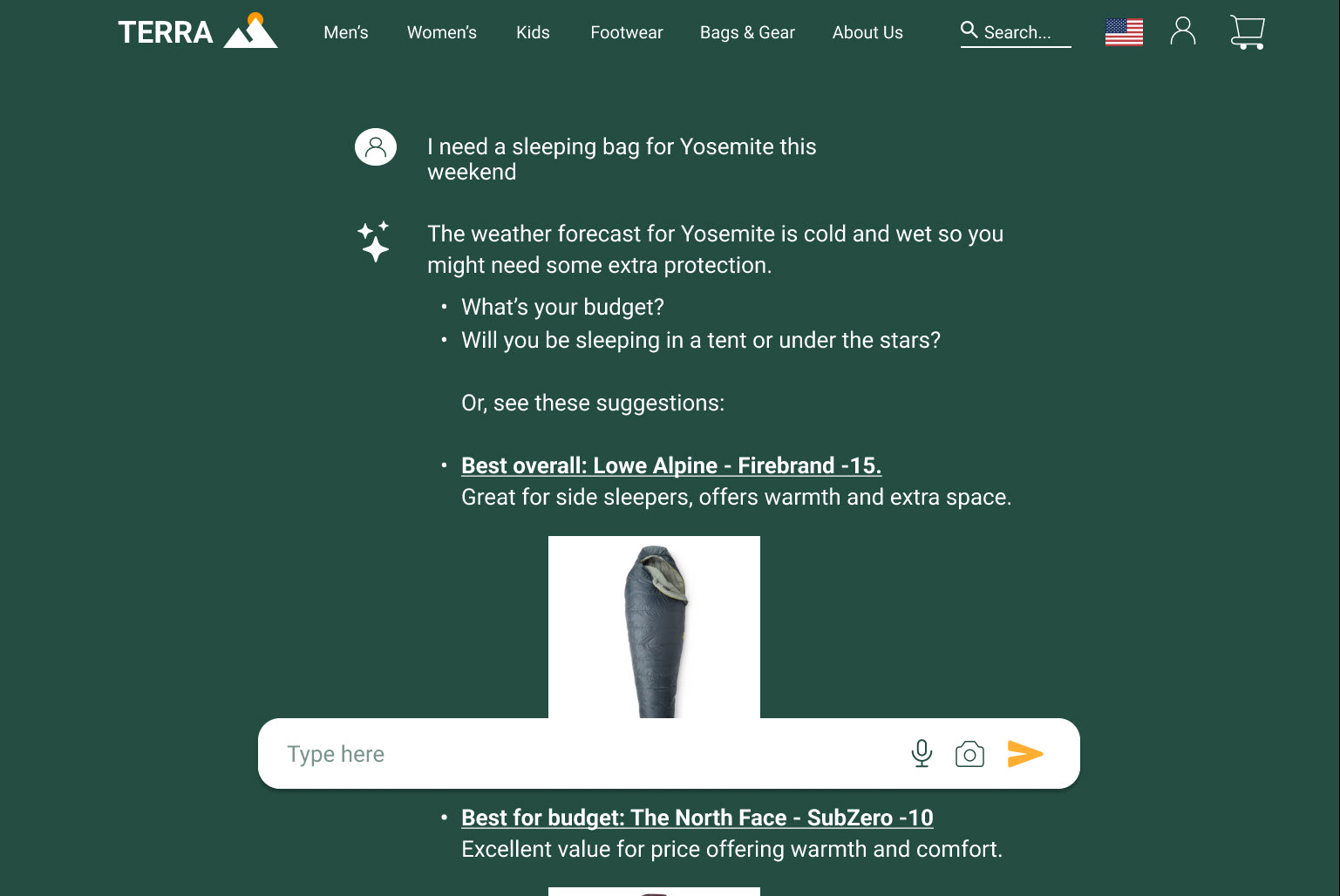 Terra desktop chat result showing weather-aware suggestions for a Yosemite trip with a Lowe Alpine Firebrand -15 sleeping bag recommendation.