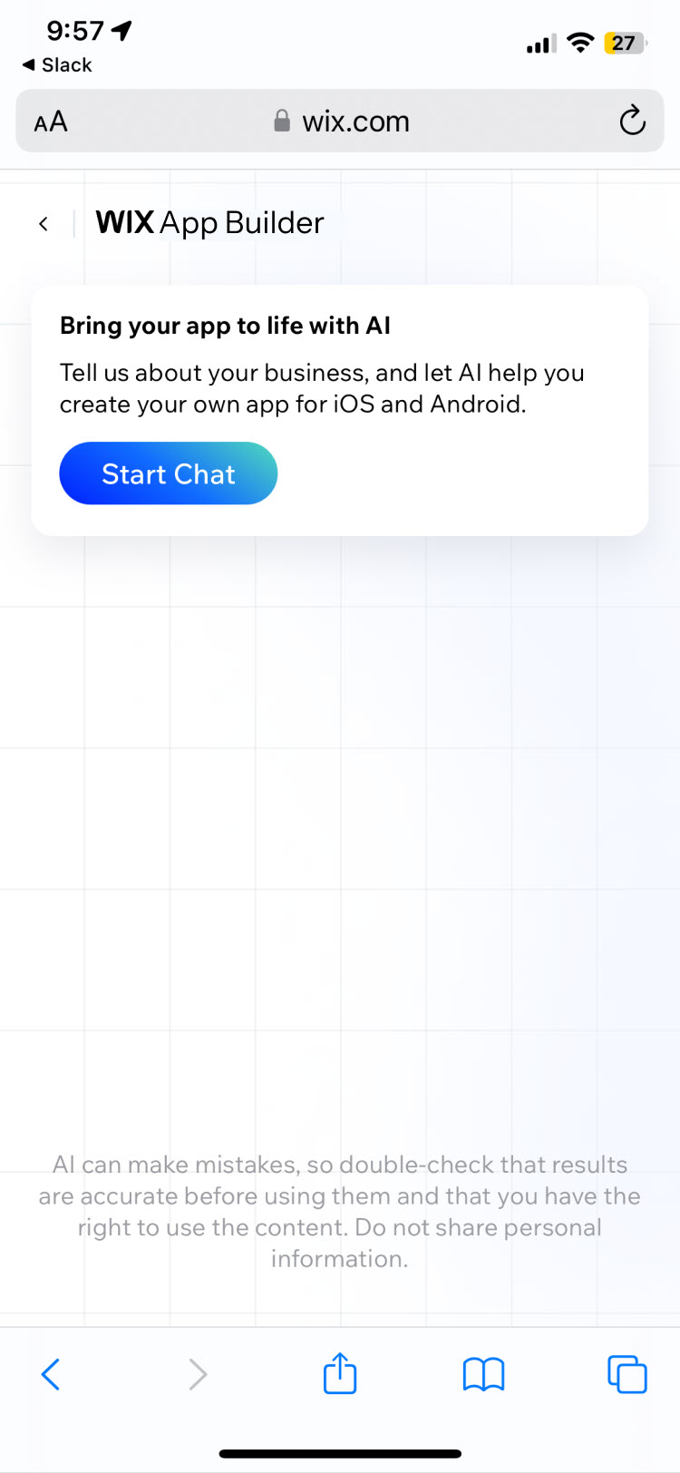 Mobile screen titled 'WIX App Builder' with a card reading 'Bring your app to life with AI' and a Start Chat button.
