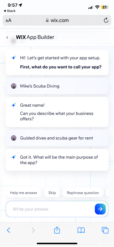 Chat-style onboarding flow: assistant asks for the app name, user replies 'Mike's Scuba Diving', assistant says 'Great name!' and asks what the business offers.