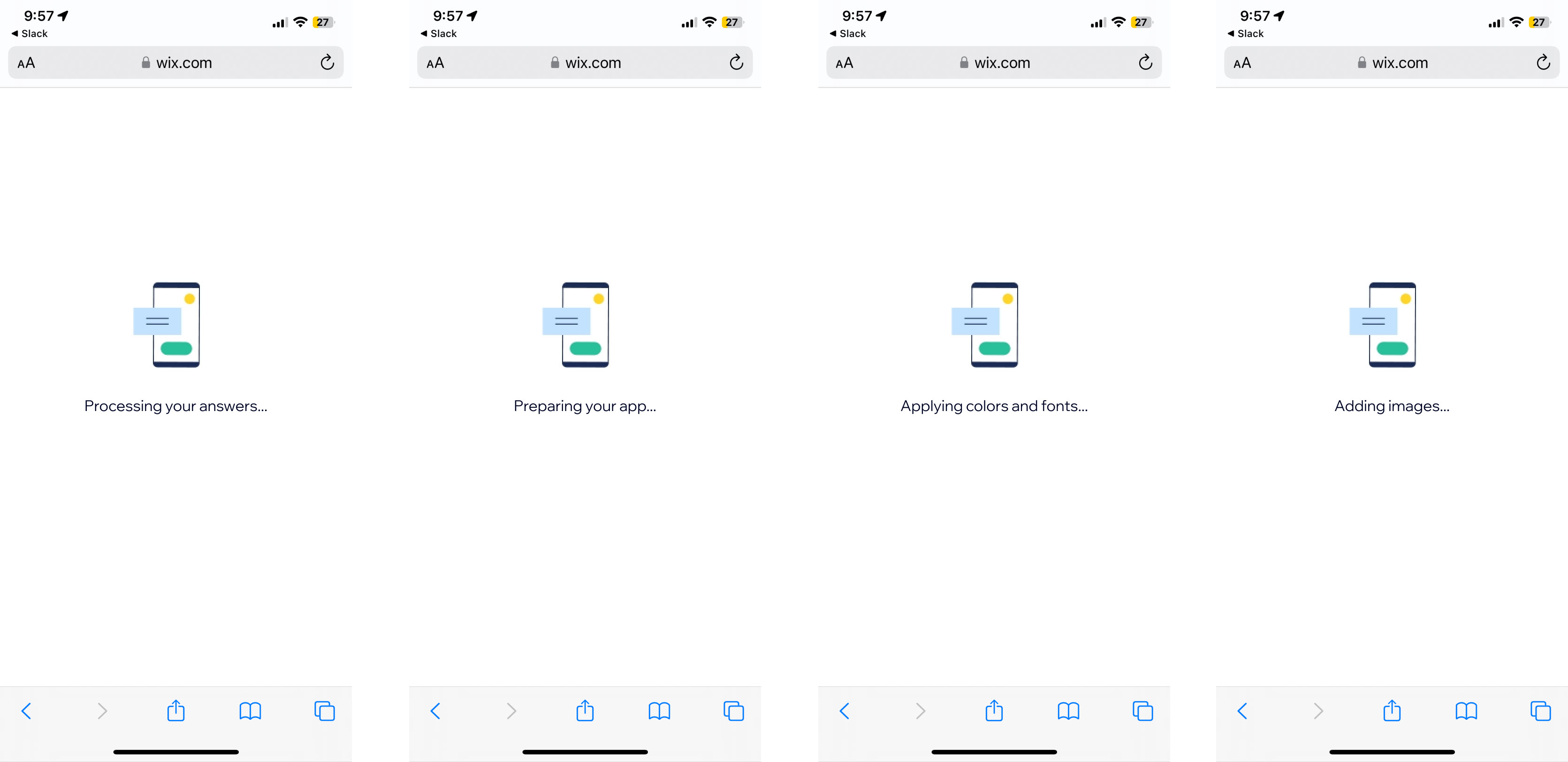 Four sequential loader screens reading 'Processing your answers...', 'Preparing your app...', 'Applying colors and fonts...', 'Adding images...'
