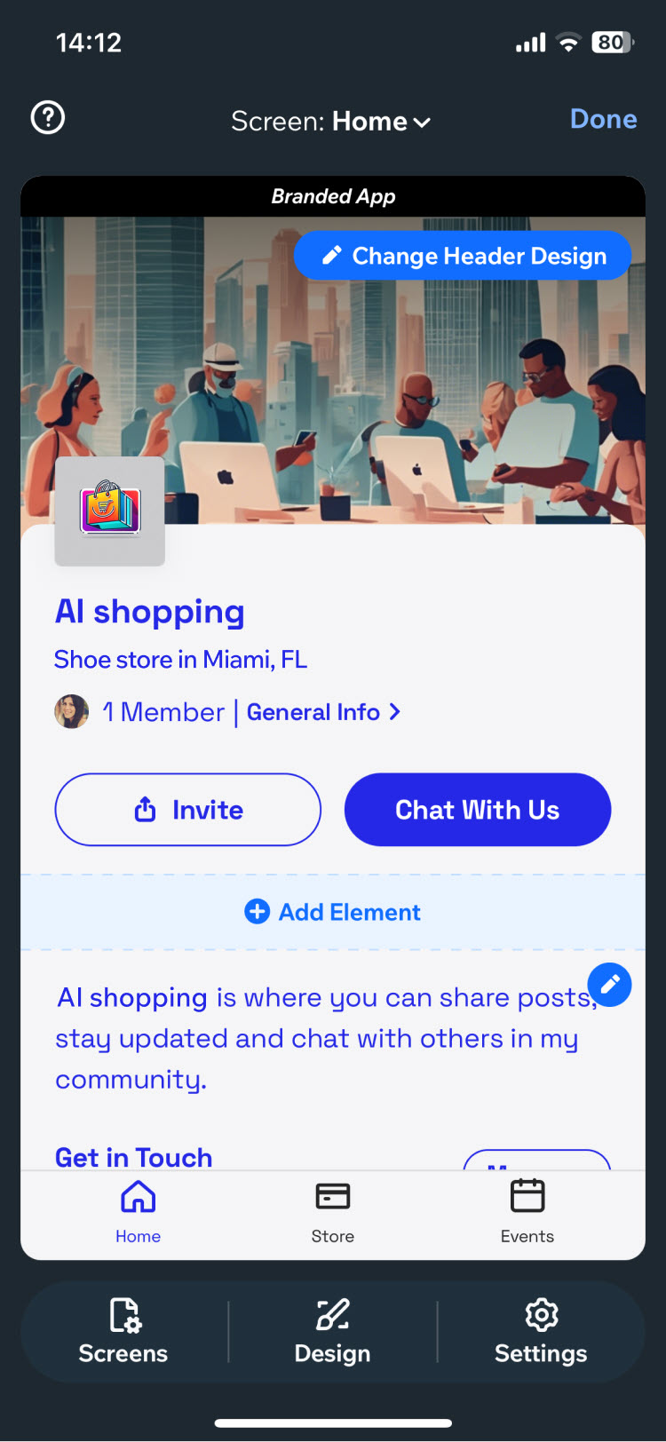 Generated app preview titled 'AI shopping — Shoe store in Miami, FL' with Invite and Chat With Us buttons, plus a Change Header Design prompt.