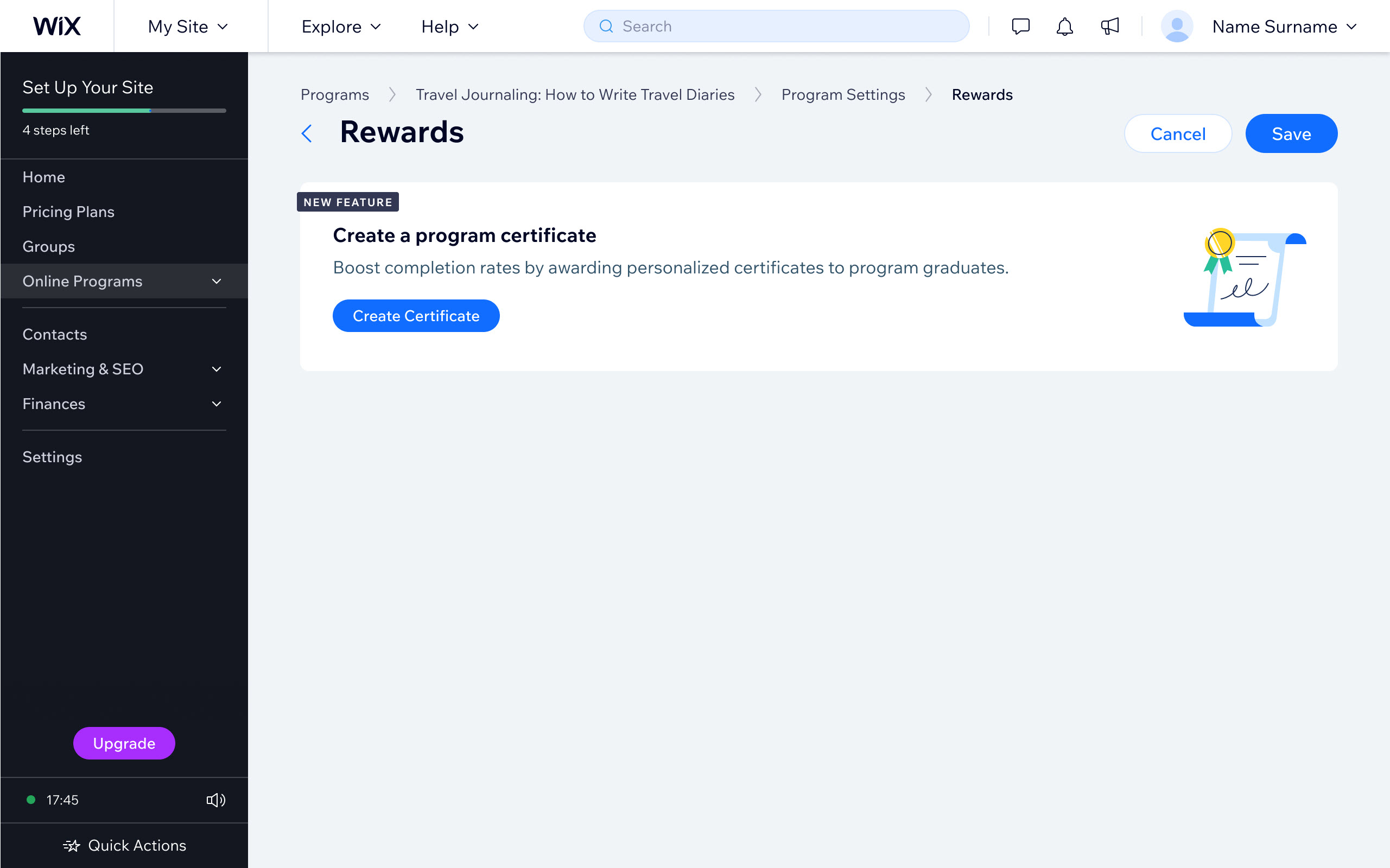 Wix dashboard Rewards screen with a 'NEW FEATURE' card titled 'Create a program certificate' and a Create Certificate button.