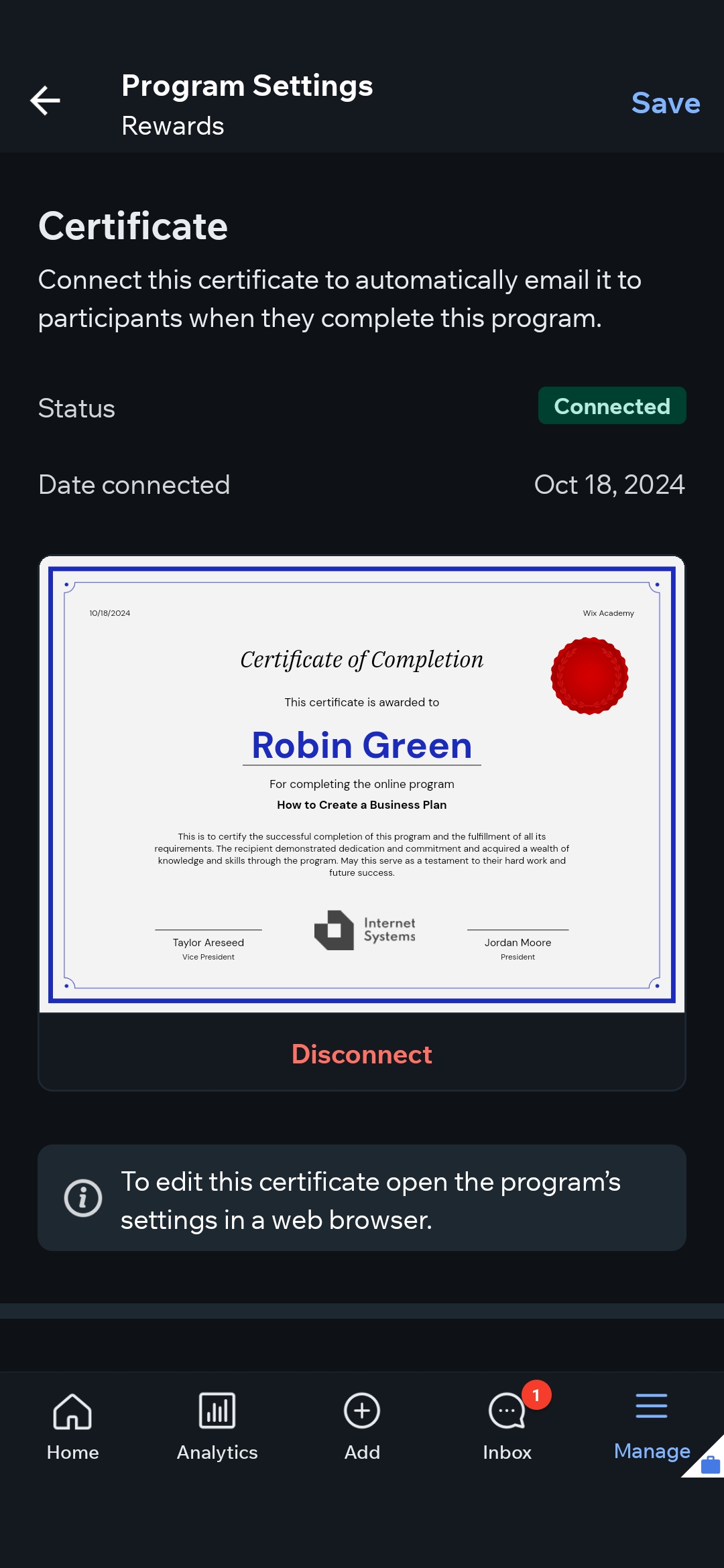 Wix mobile app showing the Program Settings Rewards screen with a connected certificate preview and a note that editing the certificate requires a web browser.