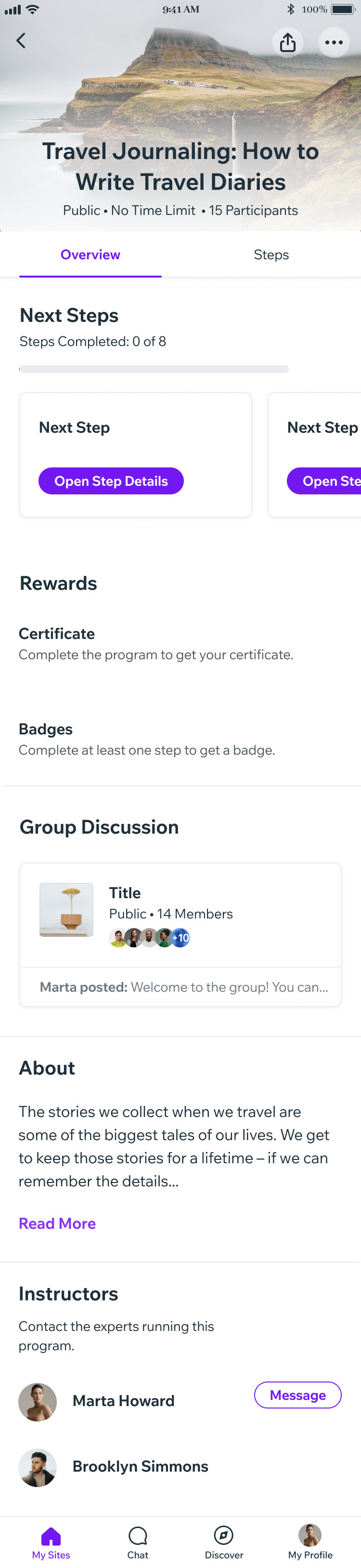 Wix mobile program overview screen showing a Rewards section with 'Certificate — Complete the program to get your certificate.'