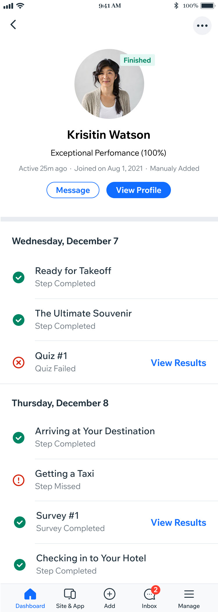 Wix mobile app screen showing an instructor's view of a participant's progress through a course.