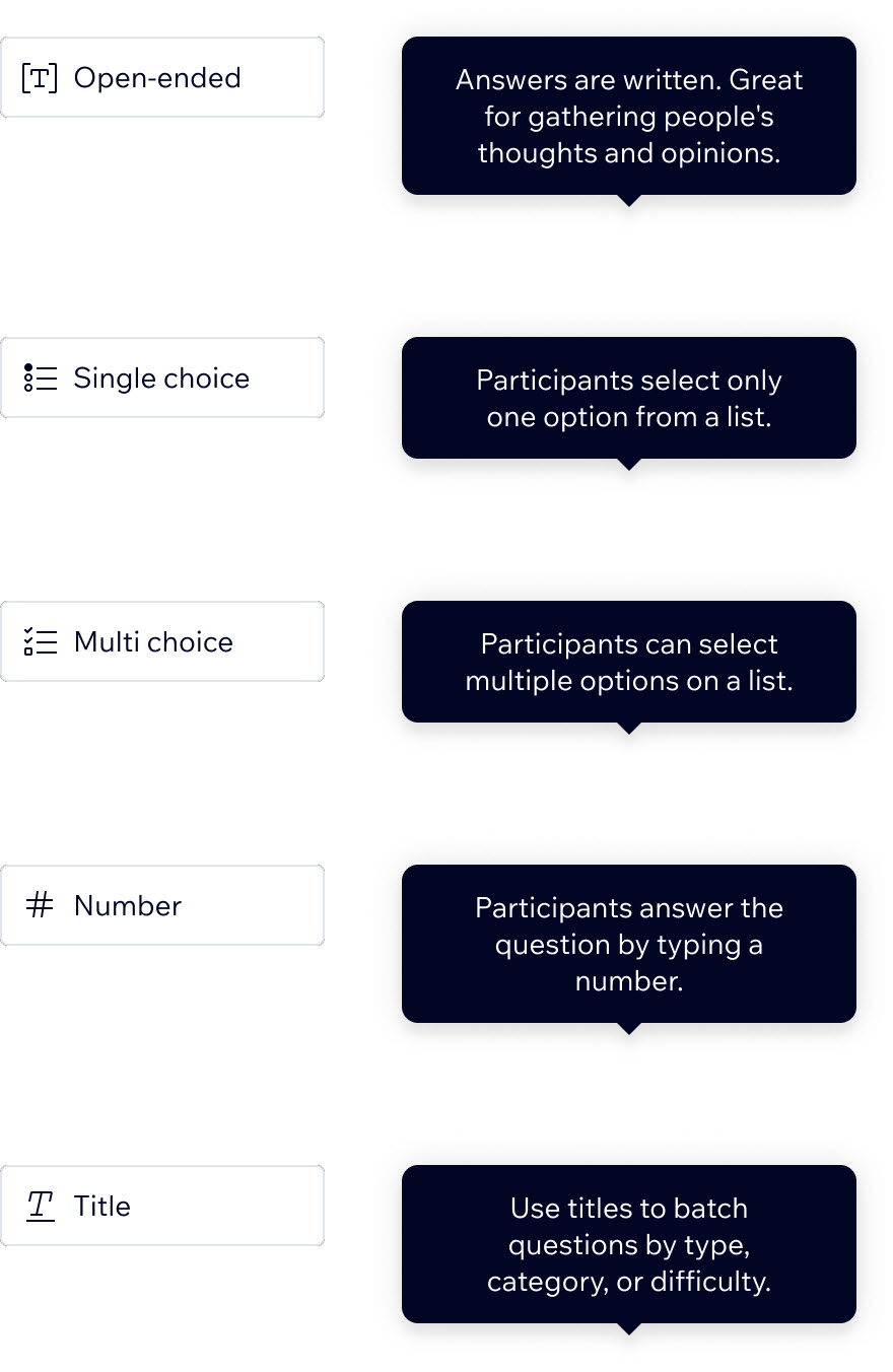 Question customization panel with a tooltip explaining one of the question types.