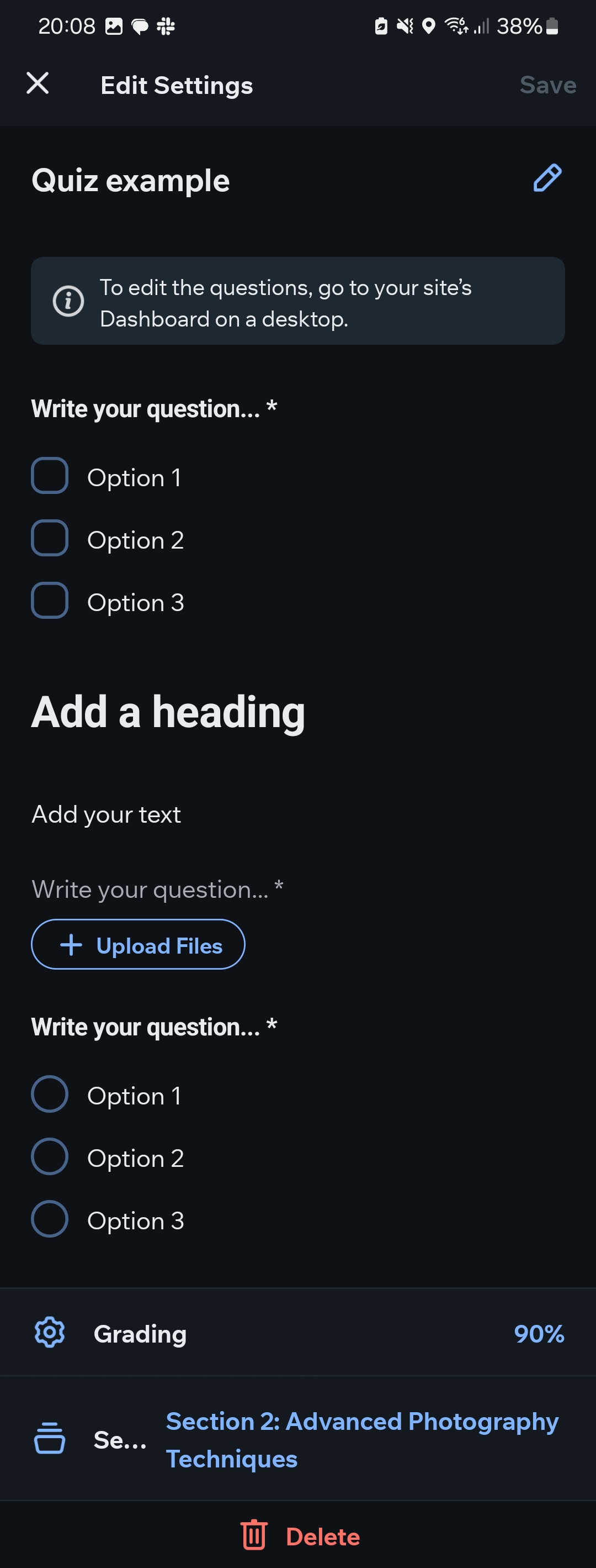 Wix mobile app showing a brief message directing the user to desktop for quiz modifications.